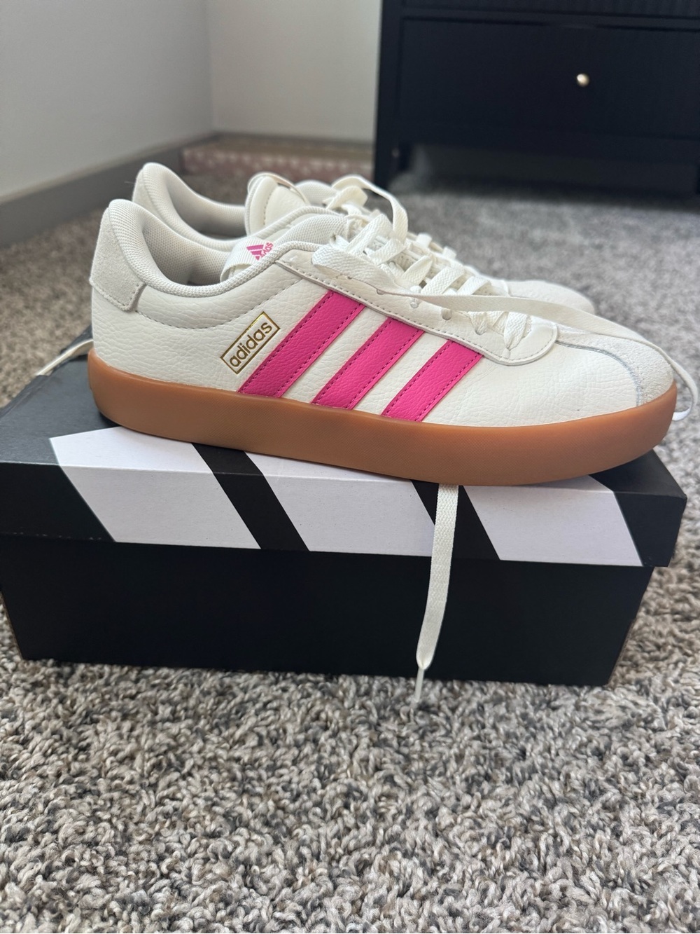 adidas Kids White Sneakers with Pink Stripes and Gum Outsole